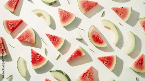 A geometric composition of watermelon and melon slices on a white background generative ai