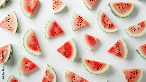 A geometric composition of watermelon and melon slices on a white background generative ai © Kelly