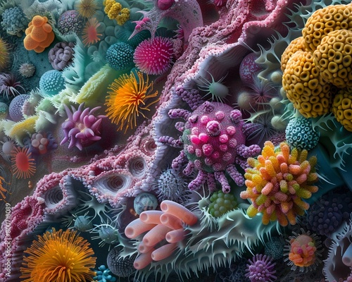 Design a captivating image showcasing a vibrant  intricate world of microbiomes Focus on detailed textures  colors  and structures to convey the complexity of these ecosystems