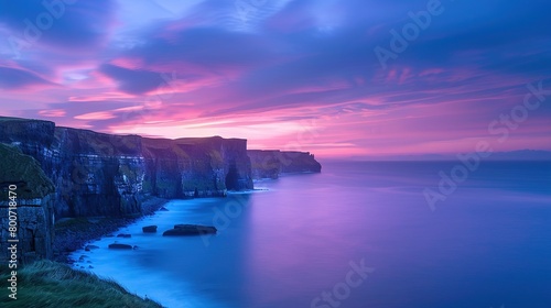 Colorful sky and blue landscape in the early morning dawn on seashore with cliffs  magical  Celtic  Ireland