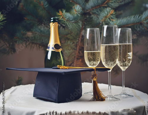 Flutes of Champagne, Champagne Bottle, Navy Blue Graduation Cap, on White Tablecloth AI
