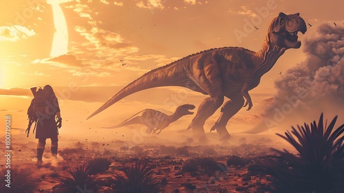 Adventurous Wanderer Observing Fierce Prehistoric Dinosaurs in Desert Landscape at Dramatic Sunset