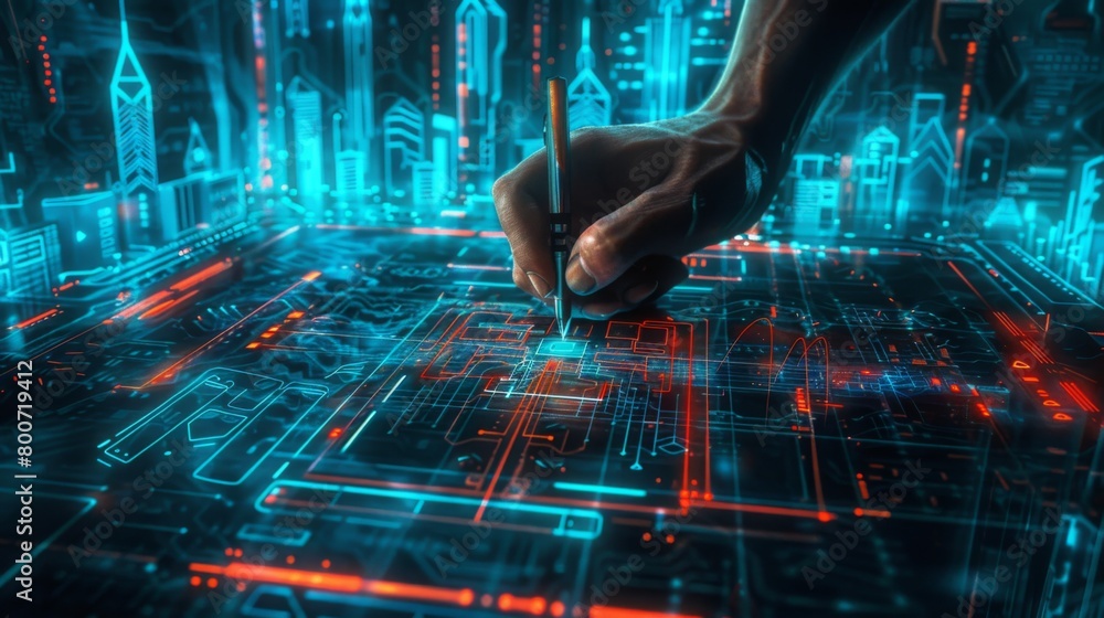Futuristic Design: AI-Generated Hand Writing on Digital Blueprint