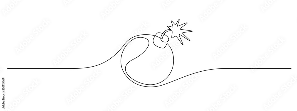 Bomb with burning fuse in one Continuous line drawing. Stress explosion ...