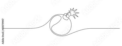Bomb with burning fuse in one Continuous line drawing. Stress explosion and boom concept with fire wick in simple linear style. Editable stroke. Doodle outline Vector illustration