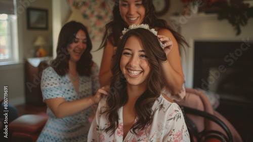 A smiling bridetobe getting her hair styled and perfected for the big day surrounded by her supportive and excited friends.. photo