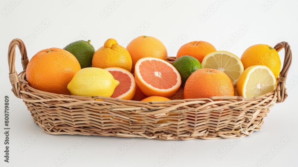 A variety of citrus fruits (oranges, lemons, grapefruits) in a wicker basket on a white background generative ai