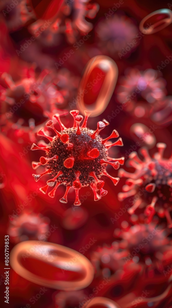 Virus among blood cells under the microscope. Close-up of particles. Medical research and health education