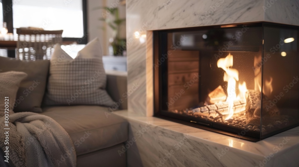 Naklejka premium The beautiful marble finish of the compact corner fireplace adds a touch of luxury to this living room space. 2d flat cartoon.