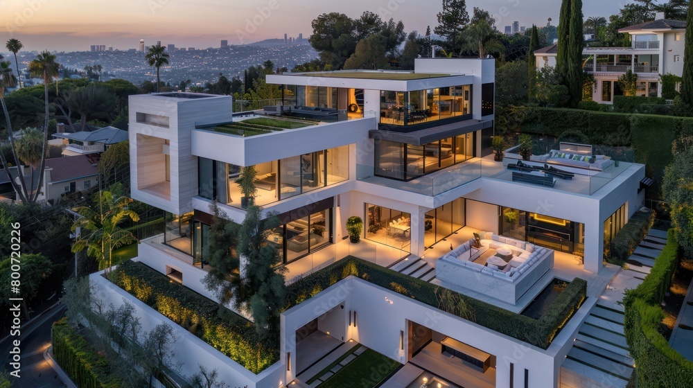 Fototapeta premium The facade of a modern and luxurious minimalist two-story house