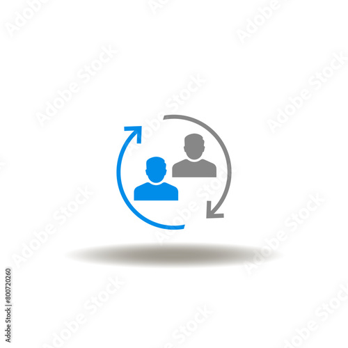 Vector illustration of round cycle arrows and two men or customer or user. Icon of P2P Peer to Peer. Symbol of exchange.
