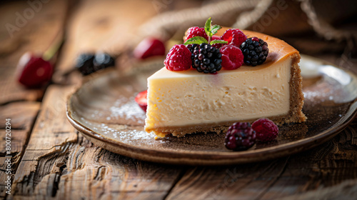cheesecake with berries in a wooden table