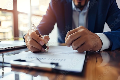 Underwriter reviewing information for mortgage. Agent checking financial documents for loan approval photo