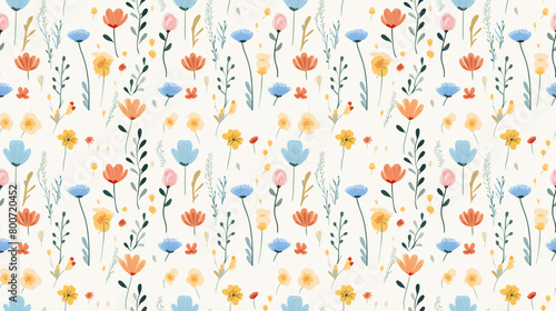 A seamless pattern of colorful flowers and leaves on a light background. photo