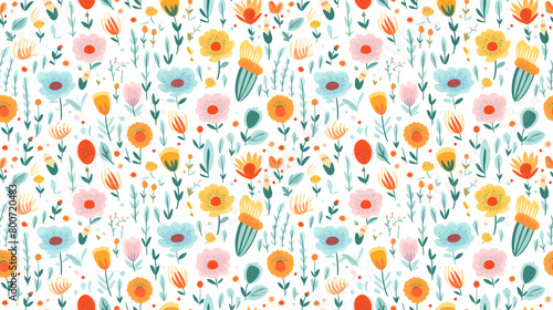 A seamless pattern of colorful flowers and leaves on a white background.