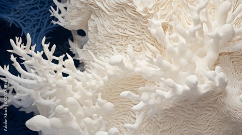 Close-up of a bleached coral against a deep blue sea backdrop, highlighting the texture and stark white color,