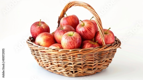 A wicker basket full of bright red apples on a white background generative ai