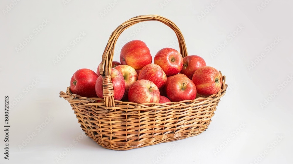 A wicker basket full of bright red apples on a white background generative ai A wicker basket full of bright red apples on a white background generative ai