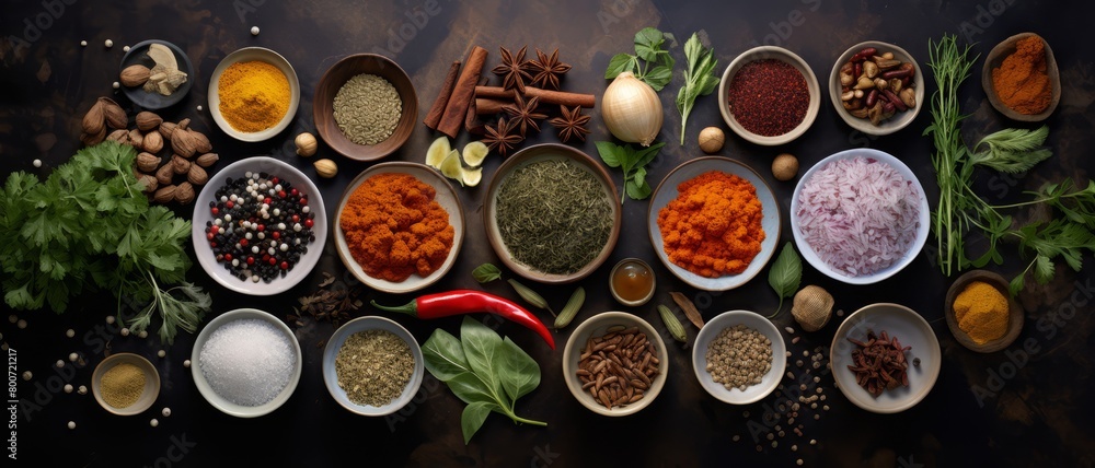 Overhead shot of a marble countertop with a variety of exotic spices and herbs, neatly arranged in small ceramic bowls, perfect for upscale cooking themes,