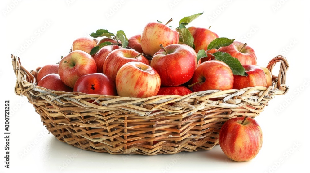 A wicker basket full of bright red apples on a white background generative ai