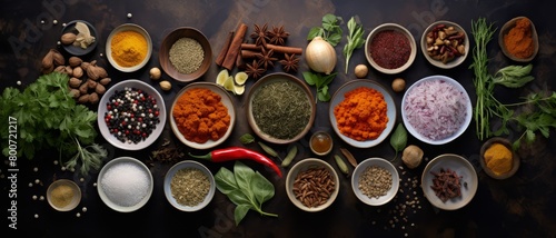 Overhead shot of a marble countertop with a variety of exotic spices and herbs, neatly arranged in small ceramic bowls, perfect for upscale cooking themes,