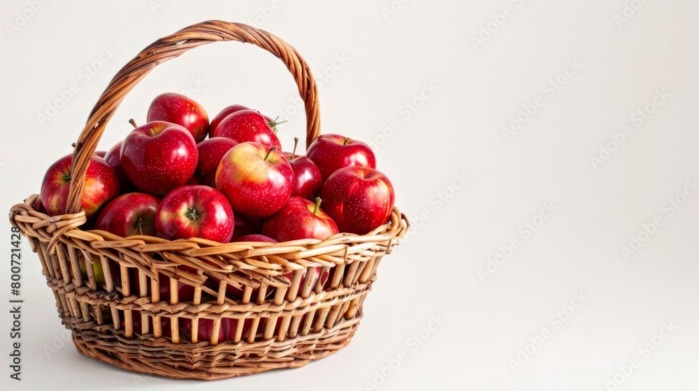 A wicker basket full of bright red apples on a white background generative ai A wicker basket full of bright red apples on a white background generative ai