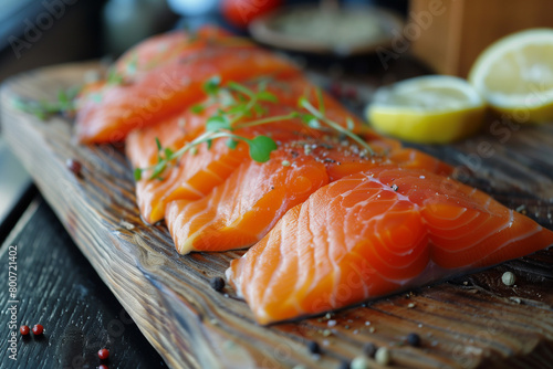 Close-up of mouthwatering smoked salmon on a rustic board. Perfect for menus & blogs