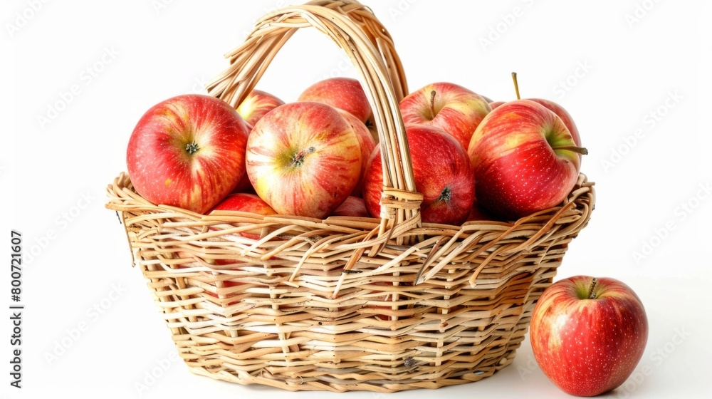 A wicker basket full of bright red apples on a white background generative ai A wicker basket full of bright red apples on a white background generative ai