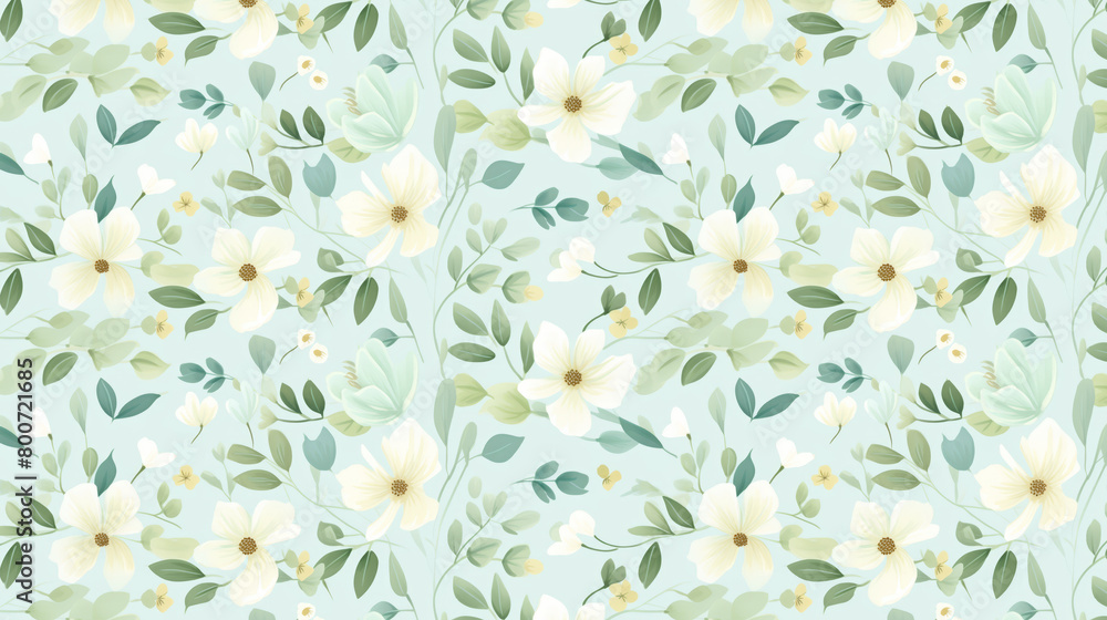 Fototapeta premium A seamless pattern of cream and white flowers and sage green leaves on a pale blue background.