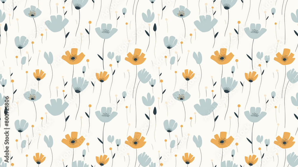 A seamless pattern of cute hand drawn flowers in blue and yellow colors on a white background.