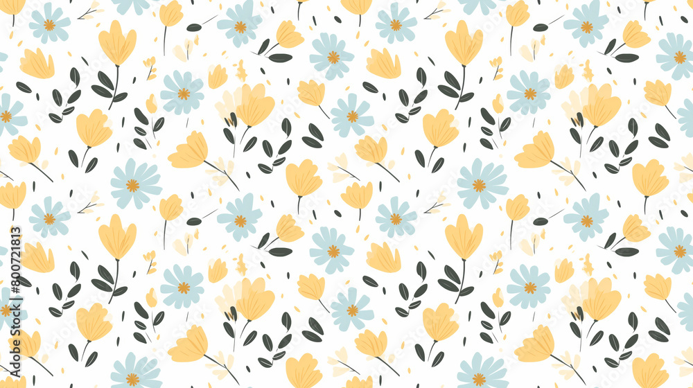 A seamless pattern of cute hand drawn flowers in yellow, blue and white.