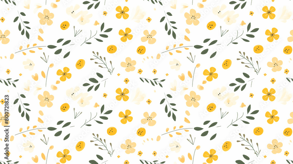 A seamless pattern of cute hand drawn yellow and white flowers and green leaves on a white background. A seamless pattern of cute hand drawn yellow and white flowers and green leaves on a white background.
