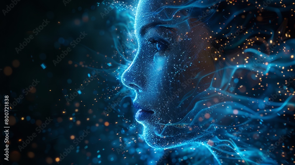 A woman's silhouette is illuminated by a glowing blue neural network, depicting the fusion of the human mind and technology. A woman's silhouette is illuminated by a glowing blue neural network, depicting the fusion of the human mind and technology.