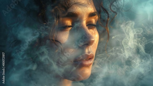 A portrait of calm, a woman's face blends with the artistry of dust clouds in twilight