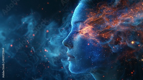 A woman's silhouette is illuminated by a glowing blue neural network, depicting the fusion of the human mind and technology.