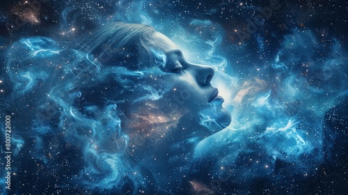 A mystical emergence, woman's visage amidst a swirl of cosmic dust on navy backdrop