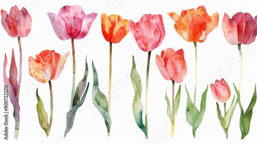 Watercolor tulip clipart in different shades of pink, red, and orange © saichon