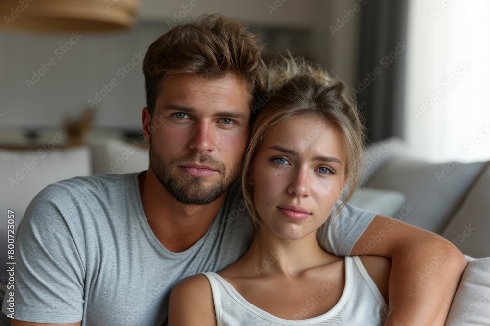 Portrait of sad couple sitting on sofa at home in the living room Portrait of sad couple sitting on sofa at home in the living room