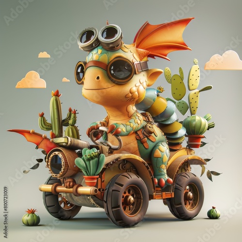 3D rendering in C4d in the style of a cartoon Q version of a cute dragon on a clean background of artstation, wearing steampunk style and riding a mechanical car made
