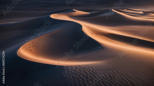 Fototapeta Naklejka Na Ścianę i Meble -  Sand dunes are captured in a desert landscape, bathed in the warm glow of a setting or rising sun.