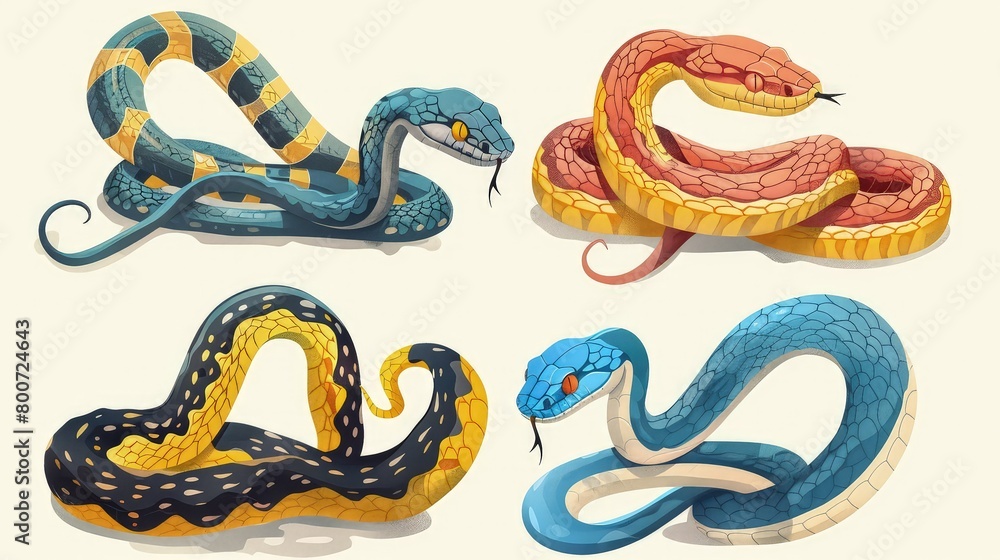 Obraz premium Snake character wildlife nature viper vector illustration. Reptiles crawl poisonous snakes animals wild nature. Danger animals different colors.