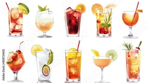 Set of alcoholic cocktails isolated on white background. Holidays club party summer cocktails mixed glasses. Different drink recipe design elements