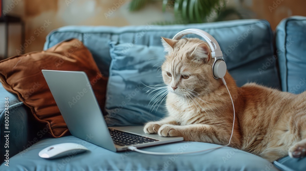 The beige cat in headphones is using a silver laptop on a blue sofa at home. A white computer mouse is next to him. The beige cat in headphones is using a silver laptop on a blue sofa at home. A white computer mouse is next to him.