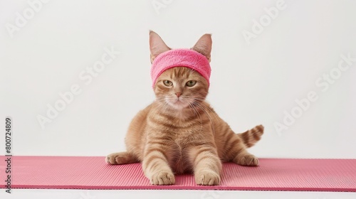 The beige cat athlete in a sport headband is doing yoga exercises on a pink fitness mat. 