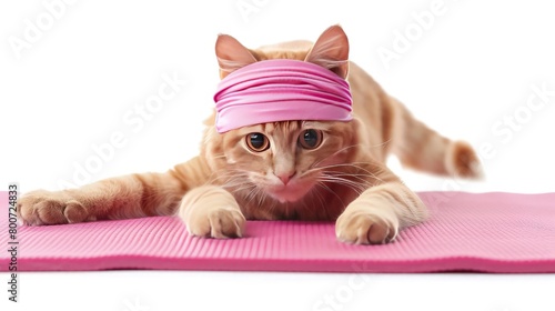 The beige cat athlete in a sport headband is doing yoga exercises on a pink fitness mat. White background. Isolated.