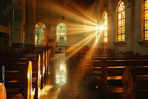 Sunbeams inside church with pews photo
