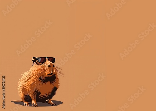 Fondo marrón con ilustración de capibara carpincho de moda con gafas de sol. Generado con tecnología IA