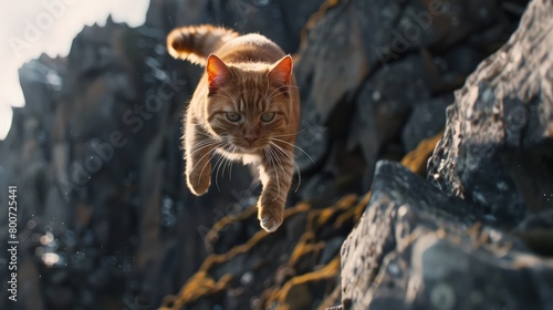 The brave cat jumps over the abyss.