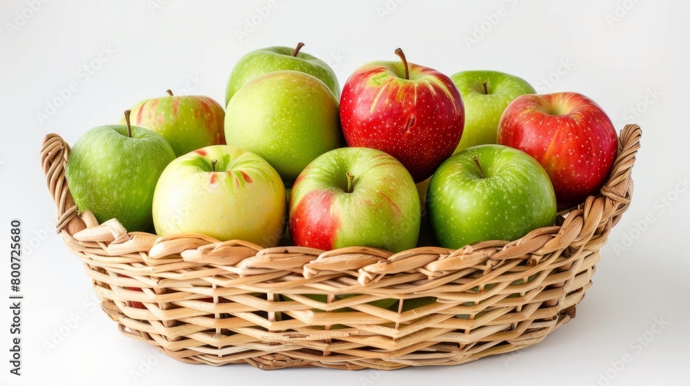 Green and red apples in a wicker basket on a white background. generative ai Green and red apples in a wicker basket on a white background. generative ai