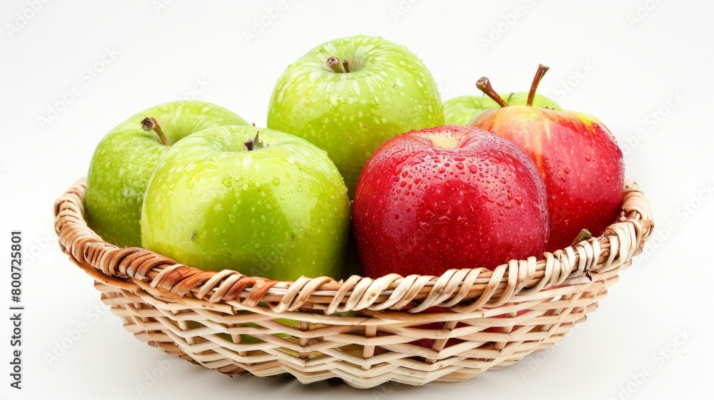 Green and red apples in a wicker basket on a white background. generative ai Green and red apples in a wicker basket on a white background. generative ai